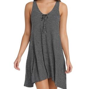Venus Black and White Striped Sleeveless Lace Up Mini Swing Tank Dress